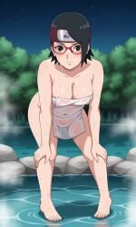 ai_generated barefoot bigmic145 black_eyes black_hair boruto:_naruto_next_generations breasts cleavage clothed clothed_female clothing feet female female_only foot_fetish glasses medium_breasts naked_towel naruto naruto_(series) sarada_uchiha shorts solo solo_female