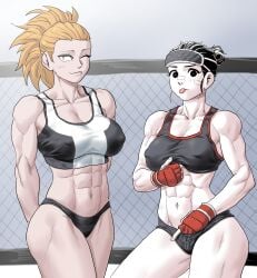 2girls abs arms_behind_back black_hair black_sports_bra breasts chain-link_fence clothed female female_only fight_class_3 gloves hair_bun hair_pulled_back hand_in_panties heppari kwon_tae-young large_breasts looking_at_viewer mma_gloves multiple_girls muscular muscular_female naughty_face orange_hair ponytail single_hair_bun sleeping_mask sports_bra standing thick_thighs tongue_out webtoon yeo_eun-sol