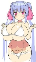 bangs big_breasts bikini blue_hair blush cleavage collarbone hair_between_eyes hair_ribbon hourglass_figure huge_breasts line_art long_hair nipples_visible_through_clothing pink_eyes riko_(shuz) shortstack shuz_(dodidu) skindentation slim_waist solo squished_breasts thick_thighs tight_clothing top_heavy twintails wide_hips