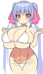 bangs big_breasts bikini blue_hair blush cleavage collarbone hair_between_eyes hair_ribbon hourglass_figure huge_breasts line_art long_hair nipples_visible_through_clothing pink_eyes riko_(shuz) shortstack shuz_(dodidu) skindentation slim_waist solo squished_breasts thick_thighs tight_clothing top_heavy twintails wide_hips