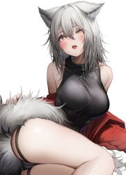 2024 absurd_res animal_humanoid arknights blush breasts camel_toe canid canid_humanoid canine canine_humanoid female grey_hair hair hi_res humanoid hypergryph looking_at_viewer mammal mammal_humanoid open_mouth projekt_red_(arknights) simple_background solo studio_montagne tab_head white_background wolf_humanoid yellow_eyes