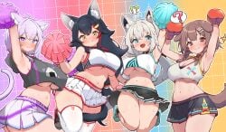 !? 4girls ? absurdres ahoge alternate_costume animal_collar animal_ear_fluff animal_ears arm_up armpits arms_up black_choker black_collar black_hair black_shirt black_skirt blue_footwear blush bone_hair_ornament boxing_gloves braid breasts brown_hair cartoon_bone cat_ears cat_girl cat_tail character_name cheering cheerleader choker cleavage closed_mouth clothes_writing collar crop_top crop_top_overhang cropped_shirt dog_ears dog_girl fox_ears fox_girl french_braid gradient_background hair_ornament hairclip highres holding holding_pom_poms hololive hololive_gamers hololive_gen_1 hololive_japan inugami_korone jumping kani_bonara kemonomimi large_breasts long_hair looking_at_another looking_at_viewer microskirt midriff multicolored_hair multiple_girls navel nekomata_okayu no_bra nose_blush ookami_mio open_mouth orange_eyes panties pantyshot pleated_skirt pom_pom_(cheerleading) purple_hair red_collar red_footwear red_hair shirakami_fubuki shirt shoes short_hair side_braid skindentation skirt smile sneakers sports_bra stomach streaked_hair sweat sweatdrop tail thick_thighs thighhighs thighs twin_braids underboob underwear virtual_youtuber white_hair white_panties white_shirt white_skirt white_sports_bra white_thighhighs wolf_ears wolf_girl