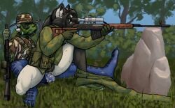 anthro argonian assault_rifle balls bethesda_game_studios blue_body blue_scales bodily_fluids bottomless bottomwear camo camo_bottomwear camo_clothing camo_pants camo_print canid canine clothed clothing cum cum_in_pussy cum_inside distracted_sex duo erection female female_penetrated forest fox genital_fluids genitals gun holding_gun holding_object holding_ranged_weapon holding_weapon humanoid_genitalia humanoid_penis male male/female male_penetrating male_penetrating_female mammal microsoft open_mouth outside pants pattern_bottomwear pattern_clothing pattern_pants penetration penis plant pussy ranged_weapon red_fox reptile rifle scales scalie sex shirt silver_fox sniper_rifle tall_lizzard_(artist) the_elder_scrolls topwear tree tristen true_fox uniform vaginal_penetration vaginal_penetration weapon