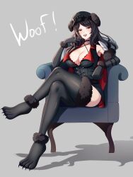 animal_ears black_hair breasts chair commission corset hime_tyan_art large_breasts long_hair looking_at_viewer original paws red_eyes thighhighs wolf_girl