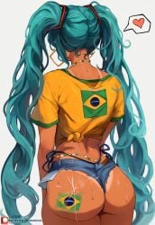 2d 2d_(artwork) absurdly_long_hair aqua_hair ass ass_focus back_focus back_view beads blue_hair body_chains brazil brazilian brazilian_female brazilian_flag brazilian_miku bubble_butt busty curvaceous dark-skinned_female dark_skin denim denim_shorts earrings female female_focus female_only from_behind golden_earrings green_hair hair_ornament hatsune_miku heart_symbol heavy_bottom hips hourglass_figure large_ass large_hips latina long_hair micro_shorts necklace painting_(artwork) rear_view shinjinou shiny_skin short_sleeves shorts simple_background skimpy skimpy_clothes smudged_body_writing speech_bubble star_(symbol) sweat sweatdrop sweating sweaty tan tan_body tan_skin tanline tanned tanned_body thong_bikini tied_shirt twintails very_long_hair vocaloid waist_beads white_background wide_hips yellow_shirt