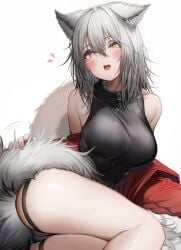 2024 absurd_res animal_humanoid arknights blush breasts camel_toe canid canid_humanoid canine canine_humanoid female grey_hair hair heart_symbol hi_res humanoid hypergryph looking_at_viewer mammal mammal_humanoid open_mouth projekt_red_(arknights) simple_background solo studio_montagne tab_head tabhead white_background wolf_humanoid yellow_eyes