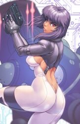 1girls ass bodysuit breasts buckle commentary cyberpunk english_commentary female female_only ghost_in_the_shell gun handgun kusanagi_motoko lips medium_breasts purple_hair red_eyes robaato science_fiction short_hair sideboob solo tachikoma weapon