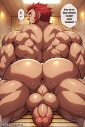 ai_generated anus armpit_hair ass_focus balls bara beard big_ass boner erection facial_hair fate_(series) hand_behind_head horny iskandar_(fate) kyorzart male male_only muscles muscular nude older_male penis red_hair solo solo_male text