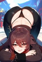 1female 1girls ai_generated ass big_ass black_nails bottom_cleavage brown_hair bubble_butt chinese_clothes downward_dog female female_only g-string genshin_impact head_down_ass_up hu_tao_(genshin_impact) huge_ass jack-o_pose looking_at_viewer lower_back_cleavage mihoyo miyuai nail_polish pants red_eyes smile smiling smiling_at_viewer solo solo_female tagme twintails voluptuous voluptuous_female wide_hips