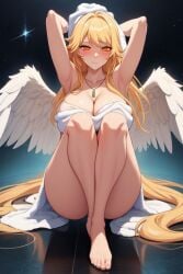 ai_generated angel_wings aureola big_ass big_breasts blonde_hair blush covering_pussy crossed_legs damaris_selene hands_on_head looking_at_viewer necklace orange_eyes thick_thighs towel_only