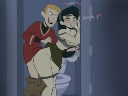 1boy 1girls against_wall amugea bathroom black_hair blonde_hair blue_hairband blush bra breasts breasts_out clothes_lift covering_own_mouth female female_pubic_hair from_behind green_pants grey_bra grey_panties hairband hand_over_own_mouth heart highres indoors kim_possible long_hair medium_breasts nipples official_alternate_costume open_mouth panties pants panty_pull pubic_hair red_shirt ron_stoppable sex sex_from_behind shego shirt short_hair skirt skirt_lift sound_effects standing standing_sex straight tearing_up teeth toilet toilet_stall underwear