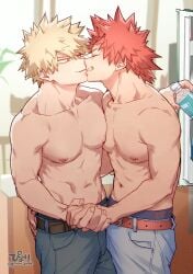 bakugou_katsuki eijirou_kirishima gay katsuki_bakugou kirishima_eijirou kissing manly my_hero_academia shirtless yaoi