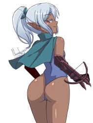 armored_gloves artist_name ass ass_focus back bow_(weapon) breasts cape crossbow curvy dark-skinned_female dark_elf dark_skin dated elf grey_hair huge_ass leaf leotard long_hair looking_at_viewer looking_back nanaeljustice original pointy_ears ponytail red_eyes small_breasts smile weapon white_background