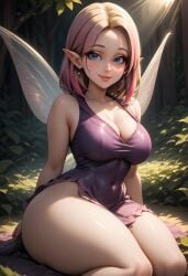 1girls ai_generated blonde_hair blue_eyes fairy_wings female forest_background miraculous_ladybug multicolored_hair pink_hair purple_dress tagme thick_thighs thighs two_tone_hair zoe_lee