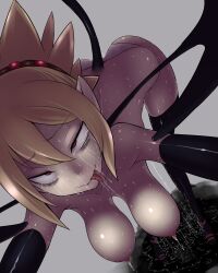 ahe_gao bent_over blonde_hair breasts demon_girl detached_sleeves disgaea disgaea_2 female_ejaculation fucked_silly hanging_breasts highres jaga_usa lactation nippon_ichi_software panties pussy_juice red_eyes rozalin saliva sweat tail tear thighhighs tongue tongue_out underwear vibrator wings