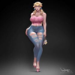 alternate_costume big_breasts blonde_hair blue_eyes cleavage female female_focus female_only fully_clothed heels high_heels looking_at_viewer mario_(series) pinkdrawz platform_heels princess_peach super_mario_bros. thick_thighs