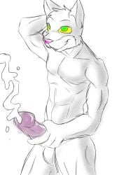 2012 bleakcat_(character) cum cumming cumming_at_viewer cumming_from_masturbation cumshot feline furry furry_ears green_pupils horny_smile joykill joykill_(artist) male_only masturbation muscles naked porn white_cat white_fur yellow_eyes