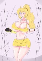 1girls big_breasts blonde_female blonde_hair breasts fjtiko gym_clothes gym_shorts gym_uniform jump_rope long_hair long_hair_female ponytail purple_hair robotic_arm rwby solo_female sweaty_body yang_xiao_long zronku