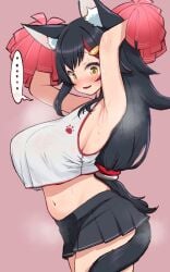 ... @_@ animal_ear_fluff animal_ears armpits arms_up black_hair black_skirt blush breasts cheerleader commentary_request female highres hololive kani_bonara large_breasts long_hair microskirt multicolored_hair navel nose_blush ookami_mio open_mouth paw_print pleated_skirt pom_pom_(cheerleading) red_streaks shirt simple_background skirt sleeveless sleeveless_shirt solo spoken_ellipsis stomach streaked_hair sweat tail tail_around_own_leg virtual_youtuber wet wet_clothes wet_shirt white_shirt wolf_ears wolf_girl wolf_tail yellow_eyes