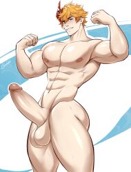 1boy 1male balls big_balls big_cock big_penis childe_(genshin_impact) cock erection flexing flexing_arms gasaiv hi_res highres male male_focus male_only muscles muscular muscular_male orange_hair pecs penis smile