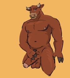 ball_hanging balls beer_belly belly belly_overhang big_balls big_pecs bovid bovine cattle dickinoatmeal facial_piercing foreskin genitals hi_res holding_penis hooves horn looking_at_viewer male male_only mammal muscular navel nipple_piercing nipples nose_piercing nose_ring pecs penis piercing ring_piercing simple_background solo vein veiny_penis