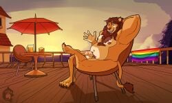 4_toes absurd_res anthro balcony balls body_hair breakfast casual_exposure casual_nudity chest_hair claws feet felid food gayporn genitals gesture hi_res humanoid_genitalia humanoid_penis lion looking_at_viewer male male_anthro mammal nipples pantherine penis pubes solo sunrise thekinkybear toe_claws toes waffle waving waving_at_viewer