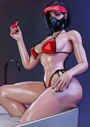 3d 3d_(artwork) bikini black_nails female female_only highres mask sfrinzy sitting valorant viper_(valorant)