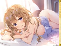 areola_slip ass bare_arms bare_belly bare_legs bare_shoulders bare_thighs bed bed_sheet big_breasts blush breasts brown_hair collarbone completely_nude dengeki_moeou head_on_pillow index_finger_raised long_hair lying_on_stomach naked_towel nude open_mouth pillow purple_eyes shiny_skin smile thighs towel yuuki_hagure