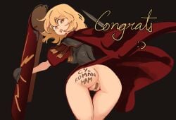 ancient_rome bandage bandage_on_pussy big_ass blonde_female blonde_hair blonde_hair_female body_writing bottomless bottomless_female centurii-chan centurii-chan_(character) clothed clothed_female fat_ass female_only plaster red_eyes reward roman_numerals short_hair solo solo_female sword weapon writing writing_on_ass