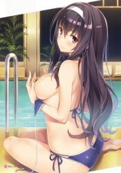 ass bare_arms bare_belly bare_legs bare_shoulders bare_thighs barefoot big_breasts bikini blush breasts butt_crack covering_breasts feet hairband hand_covering_breasts indoors kasumigaoka_utaha long_hair mouth_closed pool_ladder poolside purple_bikini purple_hair red_eyes saenai_heroine_no_sodatekata shiny_skin side_tie_bikini_bottom sideboob sitting smile thighs topless untied_bikini water yuuki_hagure