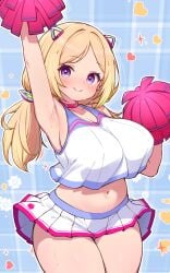 aki_rosenthal alternate_costume apple_print arm_up armpits blonde_hair blue_background blush breasts cheerleader commentary_request cowboy_shot detached_hair female floral_background hair_ornament heart heart_background highres hololive kani_bonara large_breasts looking_at_viewer microskirt navel pleated_skirt pom_pom_(clothes) purple_eyes skirt smile solo stomach virtual_youtuber white_skirt