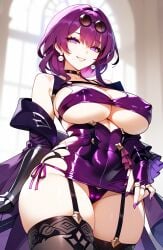 ai_generated black_stockings bodycon boosterred99 bridal_gauntlets cleavage_cutout curvy dress earrings high-waist_shorts honkai:_star_rail kafka_(honkai:_star_rail) large_breasts miniskirt purple_eyes purple_hair purple_pantyhose pussy seductive_smile shirt side-tie_panties sideboob smile stockings thick_thighs thighs underboob white_shirt wide_hips