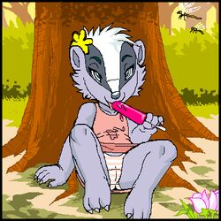 1girls anthro badger blue_eyes clothed cub female mariano michelle once_upon_a_forest panties popsicle presenting seductive_look tagme young