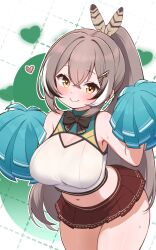 alternate_breast_size alternate_costume breasts brown_eyes brown_hair cheerleader cleavage cleavage_cutout clothing_cutout crop_top female hair_ornament hairclip highres hololive hololive_english hololive_english_-council- hololive_english_-promise- kani_bonara large_breasts long_hair looking_at_viewer midriff nanashi_mumei navel pom_pom_(cheerleading) ponytail sleeveless smile solo sweat thick_thighs thighs virtual_youtuber