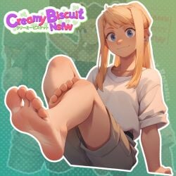 ai_assisted ai_generated bangs barefoot blonde_hair blue_eyes creamybiscuit ear_piercing feet foot_focus fullmetal_alchemist fullmetal_alchemist_brotherhood green_background jewelry long_hair piercing polka_dot_background ponytail shirt shorts smile soles toes white_shirt winry_rockbell