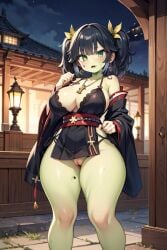 1girls ai_generated big_breasts female female_only full_body goblin_female green_skin miko miko_goblin miko_goblin_girl thick