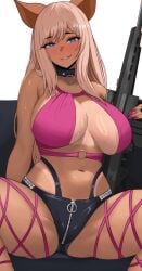 2024 absurdres animal_collar animal_ears bikini_tan black_shorts blush breasts collar dark-skinned_female dark_skin edmun female fingernails gluteal_fold gun highleg highleg_panties highres holding holding_gun holding_weapon huge_breasts large_breasts leg_ribbon long_hair looking_at_viewer micro_shorts navel o-ring_collar panties pig_ears pig_girl pink_hair purple_eyes purple_nails ribbon rifle rose_(zaiyuki) sagging_breasts shiny_skin shorts sideboob sitting smile sniper_rifle solo spread_legs sweat tan tanline thigh_ribbon underwear weapon white_background zaiyuki zipper_pull_tab zipper_shorts