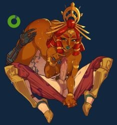 1boy 1girls 69 anus armlet backsack blue_hair blue_lips blue_lipstick blue_nails blush bracelet breasts clothes_pull dark-skinned_female dark_nipples dark_skin desert_voe_set_(zelda) erection female fingernails gameplay_mechanics gerudo gold_bracelet gold_ring green_eyes hanging_breasts jewelry kukumomo link lipstick long_fingernails male_pubic_hair multiple_rings nail_polish neck_ring nintendo nipples pants pants_pull parted_lips penis penis_reveal pointy_ears pubic_hair red_hair revision riju ring shin_guards smile stamina_wheel sweat tears_of_the_kingdom testicles the_legend_of_zelda the_legend_of_zelda:_tears_of_the_kingdom tiara uncensored undressing_another