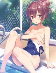 areola_slip arm_covers_breast ass_visible_through_thighs bare_legs bare_shoulders belly_button_visible_through_clothing blush breasts brown_eyes brown_hair collarbone covering_breasts dengeki_moeou embarrassed hair_bun one-piece_swimsuit open_mouth outdoors pool_ladder poolside shiny_skin sitting small_breasts soaking_feet strap_slip swimsuit swimsuit_down thighs yuuki_hagure