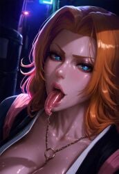 ai_generated bleach cleavage close-up dark_alley klausherbert looking_at_viewer matsumoto_rangiku mommy outdoor outdoors saliva saliva_drip saliva_string saliva_trail seductive seductive_eyes seductive_look shiny_skin sweat tongue tongue_out very_sweaty