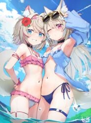 2d_(artwork) 2girls alternate_costume animal_ears animal_tail belly_button bikini bikini_bottom bikini_top blonde_hair blue_bikini_bottom blue_bikini_top blue_eyes blue_swimsuit clouds day female female_only flower flower_in_hair front_view fuwamoco fuwawa_abyssgard hololive hololive_english hololive_english_-advent- kemonomimi long_hair looking_at_viewer mococo_abyssgard navel ocean one_eye_closed outdoors pink_bikini_bottom pink_bikini_top pink_eyes pink_swimsuit revealing_swimsuit rn2d saebashi short_hair sky slim_girl small_breasts smiling smiling_at_viewer standing standing_in_water summer sunglasses sunglasses_on_head swimsuit thong thong_bikini two_piece_swimsuit virtual_youtuber vtuber vtuberfanart water young younger_female