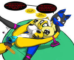 2girls anal anal_penetration anthro bound breast_grab breasts color dialogue dildo english_text erect_nipples female female_only fur furry green_eyes head_between_breasts insertion interspecies legs_apart legs_behind_head legs_over_head lucario lying_on_person motion_lines multiple_females nipple_piercing nipple_rings nipples norithics nude plain_background pokemon pokemon_(species) red_eyes restrained sex_toy sound_effects speech_bubble sunni_smiles text vulva yuri