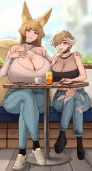 2girls absurdres animal_ears bare_shoulders black_choker breast_rest breasts choker cleavage crossed_legs denim fishnet_top fishnets fox_ears fox_tail gigantic_breasts green_eyes hand_on_another's_shoulder highres horns huge_breasts jeans jewelry mole mole_on_breast multiple_girls necklace original pants red_eyes roresu sitting table tail