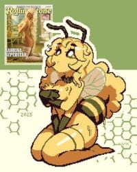 4_arms anthro bee bee_girl black_sclera feet fluffy gloves gloves_only magazine_cover naked_female oc original original_character pixel_(artwork) pixel_art sabeena_carpenter_(character) sabrina_carpenter solo solo_female solo_focus thick_thighs thisislux white_pupils