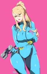 1girls absurdres bimbo blonde_hair blue_bodysuit blue_eyes bodysuit breasts commentary cowboy_shot female gun hair_between_eyes high_ponytail highres holding holding_gun holding_weapon large_breasts long_hair metroid mole mole_under_mouth nintendo pink_background pink_lips ponytail r3dfive samus_aran signature skin_tight solo standing thick_thighs thighs weapon zero_suit zero_suit_samus