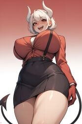 ai_generated at blush breasts demon eyes female girl gloves hair horns juswa looking mouth open red short skirt smile solo tail thick thighs viewer white