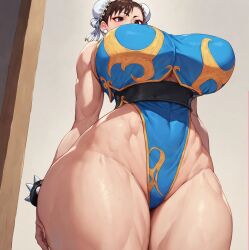 ai_generated asian asian_female athletic_female bare_legs big_woman bigger_male brown_eyes brunette_hair capcom chun-li fit fit_female gigantic_breasts hair_bun hairbow huge_breasts huge_thighs light-skinned_female light_skin low-angle_view massive_breasts muscular_female solo_female street_fighter thick_thighs thighs voluptuous voluptuous_female w77qzotrrb1oslo