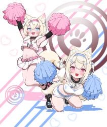 2girls :3 :3d :d absurdres adapted_costume alternate_costume animal_ear_fluff animal_ears armpits arms_up bandaid bandaid_hair_ornament belt blonde_hair blue_belt blue_eyes blush breasts cheerleader collar collarbone crossed_bangs dog_ears dog_girl dog_tail elbow_gloves fuwamoco fuwawa_abyssgard fuwawa_abyssgard_(1st_costume) gloves hair_ornament highres hololive hololive_english kani_bonara kneeling large_breasts long_hair looking_at_viewer microskirt mococo_abyssgard mococo_abyssgard_(1st_costume) multiple_girls navel oerba_yun_fang pink_belt pink_eyes pleated_skirt pom_pom_(cheerleading) short_hair shorts siblings sisters skirt smile stomach tail twins two_side_up virtual_youtuber white_background white_shorts white_skirt x_hair_ornament