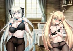 2girls absurdres ahoge artoria_caster_(fate) artoria_pendragon_(fate) bare_shoulders bed black_bow black_bra black_choker black_panties blonde_hair blue_eyes blush bow bra braid breasts brown_pantyhose chain_leash chains choker cleavage closed_mouth collarbone cowboy_shot crossed_arms english_commentary fate/grand_order fate_(series) green_eyes grey_hair hair_between_eyes hairbow highres indoors lace-trimmed_bra lace-trimmed_panties lace_trim large_breasts leash lingerie long_hair longdq3008 looking_at_viewer medium_breasts morgan_le_fay_(fate) multiple_girls navel nervous_smile no_headwear panties panties_under_pantyhose pantyhose ponytail sidelocks skindentation smile sweatdrop thighs twintails underwear underwear_only very_long_hair window wooden_floor