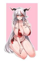 1girls absurdres aegir_(azur_lane) alternate_costume azur_lane bikini black_horns black_nails blush breasts collarbone curvy demon_girl demon_horns dogs_(dlrkdejr26) female fingernails grey_hair hair_between_eyes hand_on_own_chest hand_on_own_thigh highres horns huge_breasts iron_blood_(azur_lane) light-skinned_female light_skin long_hair multicolored_hair nail_polish nose_blush red_bikini red_hair seiza sitting smile solo streaked_hair swimsuit very_long_hair yellow_eyes